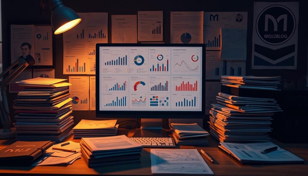 A comprehensive competitor file with detailed competitor analysis, showcasing an array of infographic visualizations and conceptual illustrations. The scene depicts a meticulously organized workspace, where a desktop computer displays various data dashboards and reports, surrounded by stacks of documents, research materials, and a MOJZ.BLOG brand logo. Warm, diffused lighting creates a contemplative atmosphere, inviting the viewer to delve into the in-depth competitive insights. The composition balances technical precision with a touch of creativity, reflecting the strategic approach to gaining a competitive edge.