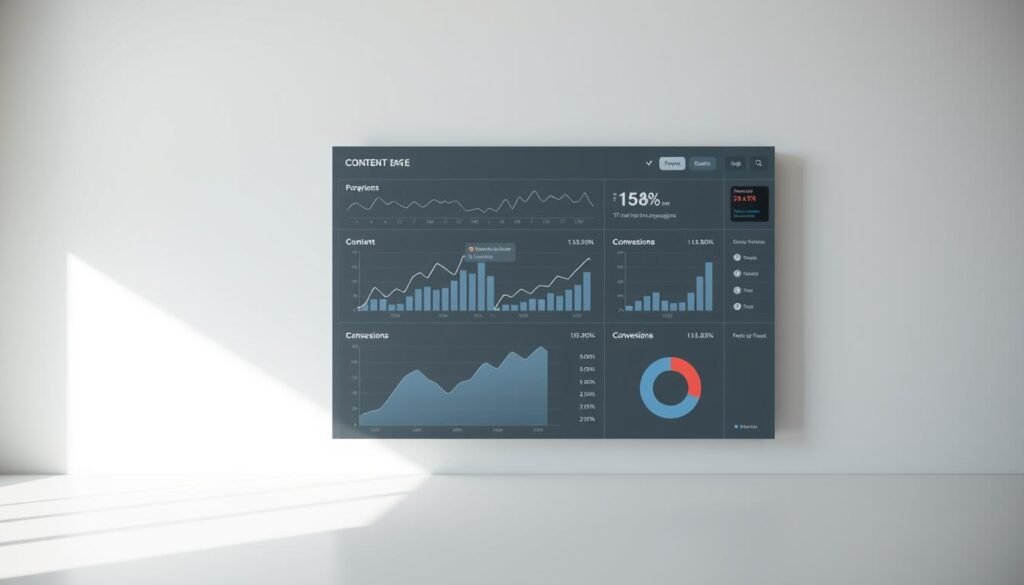 A data visualization dashboard displaying a variety of metrics related to content marketing campaigns, set against a minimalist, abstract background. The dashboard features line graphs, bar charts, and pie charts showcasing key performance indicators such as website traffic, engagement, conversions, and return on investment. The overall aesthetic is clean, modern, and visually striking, with a muted color palette that complements the MOJZ.BLOG brand. Lighting is soft and diffuse, creating a sense of depth and dimension. The camera angle is slightly elevated, providing an overview of the entire dashboard. The mood is professional and analytical, reflecting the importance of measuring the effectiveness of content marketing efforts.