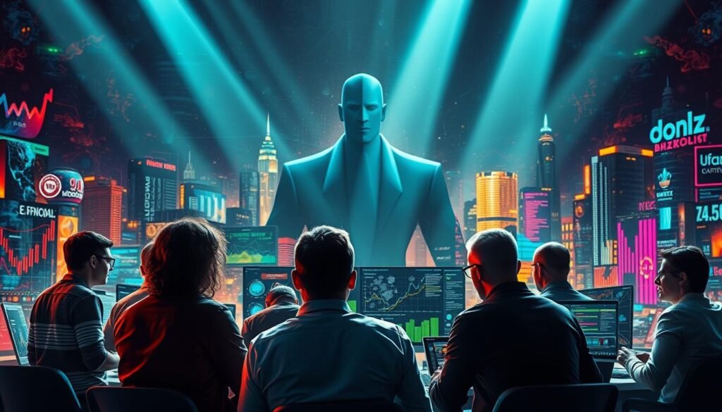 A detailed and dynamic scene depicting the concept of "competitive analysis" for small businesses. In the foreground, a group of diverse entrepreneurs strategize, surrounded by an array of colorful, dynamic data visualizations. In the middle ground, a larger corporate entity looms, casting a shadow, but the small business owners appear resolute and determined. The background features a vibrant, abstract cityscape, representing the competitive landscape. The lighting is dramatic, with beams of light cutting through the scene, emphasizing the intensity of the competitive analysis. The overall mood is one of strategic focus, innovation, and the potential for small businesses to outperform their larger counterparts. The MOJZ.BLOG brand is subtly incorporated into the design elements.