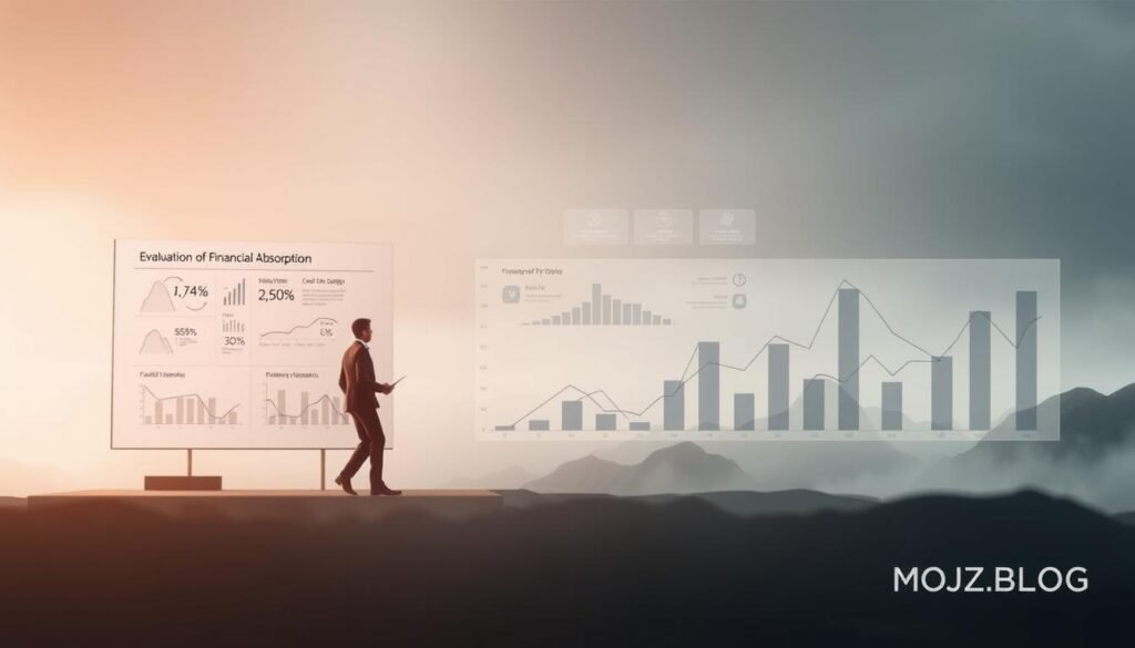 A detailed financial analysis diagram showcasing the evaluation of financial absorption in a feasibility study. A meticulously rendered scene with a blend of technical schematic elements and impressionistic visual cues. Prominent in the foreground, a sleek, minimalist infographic presenting key financial metrics and ratios. In the middle ground, a series of abstract financial charts and graphs, each conveying a distinct facet of the analysis. The background features a muted, atmospheric setting with subtle textures and gradients, evoking a sense of contemplation and strategic decision-making. Subtle branding for MOJZ.BLOG appears in the lower right corner.