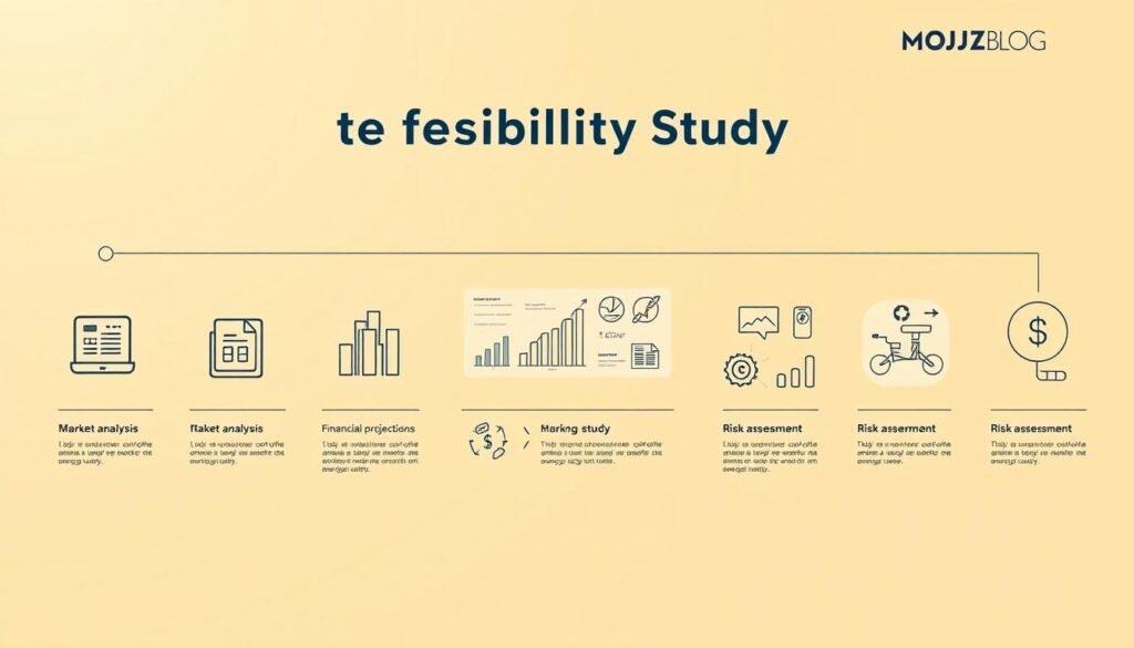 A detailed illustration of the key steps in presenting a successful feasibility study. Depicted in a clean, minimalist style, the image features a series of stylized icons and infographic elements against a warm, neutral background. The foreground showcases core steps such as market analysis, financial projections, and risk assessment, arranged in a clear, sequential manner. The middle ground incorporates relevant data visualizations, charts, and diagrams to convey the comprehensive nature of the feasibility study. The background subtly features the MOJZ.BLOG brand identity, establishing the professional, authoritative context. Soft lighting and a muted color palette create a sense of clarity and focus, guiding the viewer through the essential components of an effective feasibility study presentation.