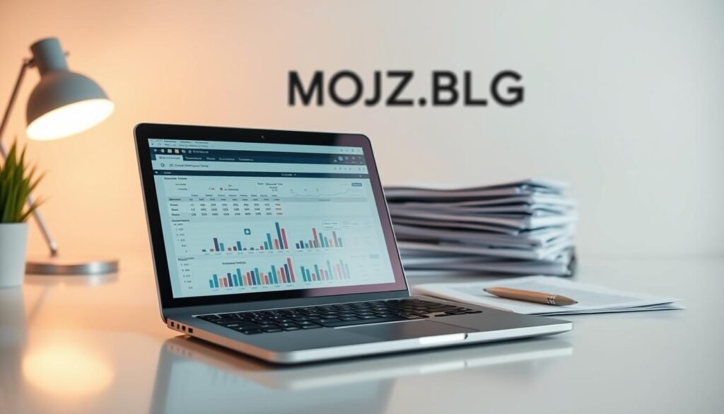 A detailed report on a feasibility study, presented in a clean, professional layout. The foreground features a sleek laptop displaying financial data and charts, conveying the analytical nature of the task. The middle ground showcases a stack of documents and a pen, symbolizing the meticulous documentation process. The background is a minimalist workspace with a MOJZ.BLOG logo, creating a sense of a well-organized, focused environment. Soft, warm lighting illuminates the scene, lending an air of productivity and diligence. The overall mood is one of thorough, methodical preparation for a successful feasibility study.