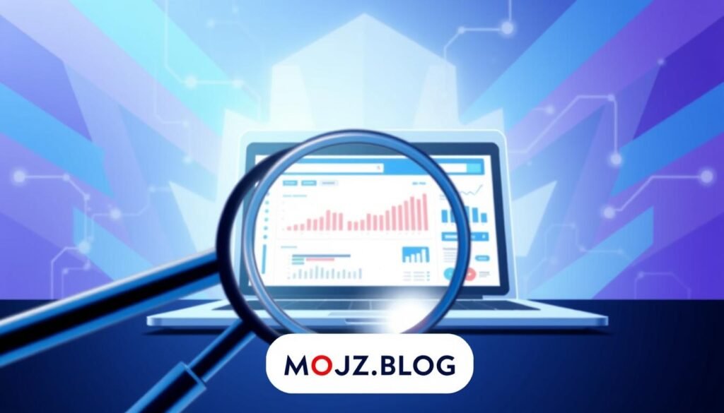 A digital illustration showcasing the importance of search engine optimization (SEO) in content marketing. In the foreground, a stylized magnifying glass highlights the process of optimizing content for better visibility on search engines. The middle ground features a sleek, modern laptop displaying analytical data and metrics, symbolizing the analytical aspects of SEO. In the background, an abstract, geometric pattern in shades of blue and purple creates a dynamic, tech-inspired atmosphere. The MOJZ.BLOG brand name is prominently displayed, adding a professional, branded touch to the composition.