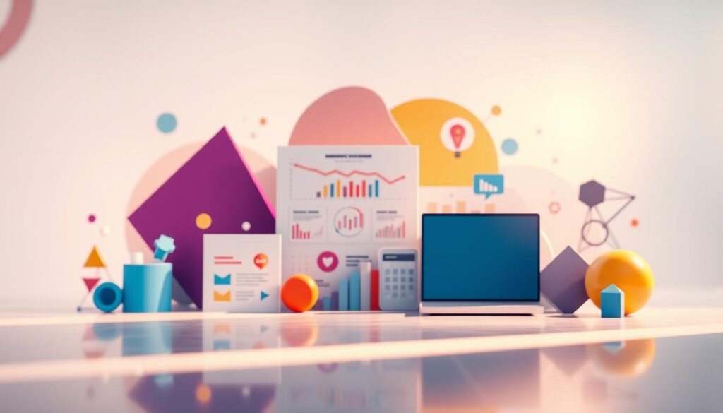 A digital marketing strategy for small businesses, featuring a dynamic composition of geometric shapes, abstract forms, and vibrant colors. In the foreground, a MOJZ.BLOG logo stands out, reflecting the modern and innovative approach to digital marketing. The middle ground showcases infographic-style illustrations and icons, representing the key elements of an effective digital marketing plan. The background is a blend of soft, impressionistic shapes and gradients, creating a sense of depth and a visually striking atmosphere. Lighting is soft and diffused, with a subtle warm tone that adds to the overall aesthetic. The composition is balanced and visually appealing, capturing the essence of successful digital marketing strategies for small enterprises.