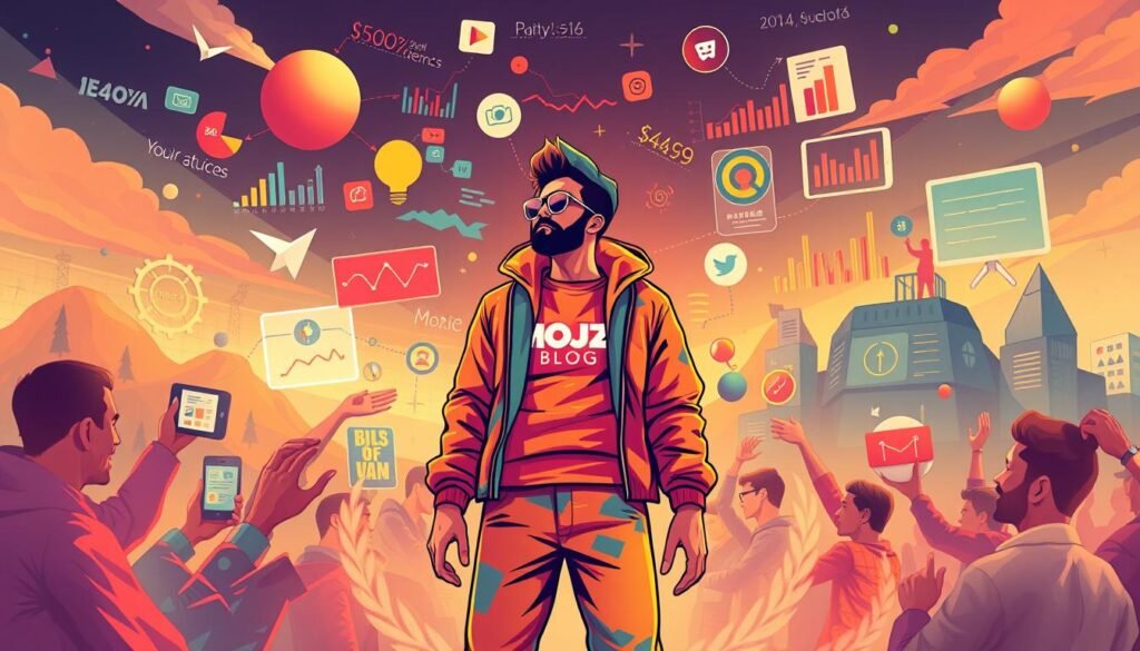 A dynamic and colorful illustration of "Influencer Marketing" featuring a central figure surrounded by various graphic elements and visual metaphors. The scene depicts a MOJZ.BLOG brand ambassador, dressed in vibrant, eye-catching attire, engaging with a diverse audience through a range of digital and social media platforms. The background showcases an abstract, data-driven landscape with infographic-style graphics, representing the metrics and analytics associated with effective influencer campaigns. Warm lighting and a bold, attention-grabbing color palette create an impactful, visually striking composition that captures the essence of the "Influencer Marketing" concept.
