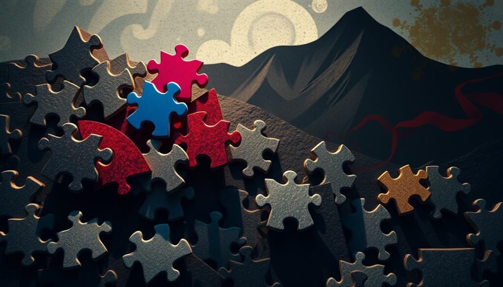 A dynamic scene of interlocking puzzle pieces, each representing the strengths and weaknesses of MOJZ.BLOG's competitors. The foreground features a cluster of angular, geometric shapes in vibrant hues, symbolizing the key advantages of rival firms. In the middle ground, muted, amorphous forms suggest their vulnerabilities, while the background showcases an abstract, painterly landscape evoking a sense of strategic analysis. Dramatic lighting casts dramatic shadows, heightening the sense of competitive tension. The overall composition conveys a detailed, insightful understanding of the market landscape.