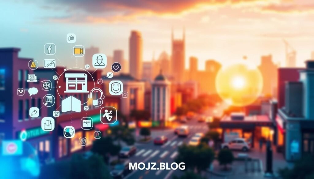 A vibrant and dynamic digital marketing landscape, featuring a diverse array of graphical elements and impressionistic visuals. In the foreground, a cluster of sleek icons and infographic symbols convey the key strategies of effective local digital marketing, such as targeted social media campaigns, search engine optimization, and online reputation management. In the middle ground, a stylized cityscape with bustling streets and vibrant storefronts, representing the local community that businesses seek to engage. In the background, a soft, blurred gradient of warm colors and ethereal shapes, evoking a sense of creativity, innovation, and the digital realm. The MOJZ.BLOG brand identity is subtly integrated into the composition, adding a touch of modern sophistication. The overall atmosphere is one of energy, progress, and the transformative power of digital marketing in the local context.
