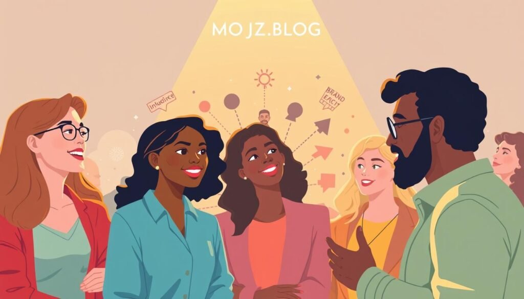 A vibrant and dynamic illustration showcasing the importance of choosing the right influencers for your brand. In the foreground, a group of diverse, influential individuals are engaged in lively discussion, their expressions and body language conveying a sense of authority and trustworthiness. The middle ground features a series of striking, abstract graphic elements that symbolize the various aspects of effective influencer marketing, such as audience reach, brand alignment, and authentic engagement. In the background, a soft, muted color palette with subtle textures creates a sense of depth and sophistication. Warm lighting from above casts a natural glow, highlighting the MOJZ.BLOG branding and contributing to an overall feeling of professionalism and credibility. The overall composition and attention to detail aims to inspire and guide the viewer towards a deeper understanding of the power of influencer marketing for their brand.