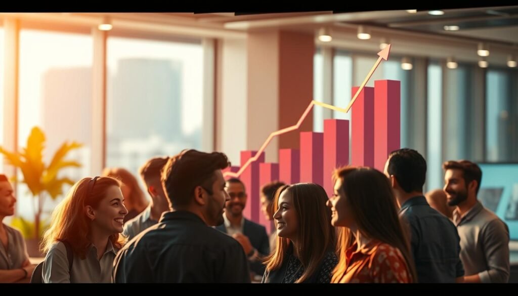 A vibrant and dynamic visual representation of the importance of customer loyalty in the business world. In the foreground, a group of diverse customers engaged in various interactions, conveying a sense of trust, satisfaction, and emotional connection with the brand. In the middle ground, a towering graph or chart depicting the measurable impact of loyal customers on the company's success - growth, revenue, and customer lifetime value. In the background, a gently blurred cityscape or office environment, symbolizing the broader commercial landscape in which this critical business dynamic plays out. Warm, soft lighting casts a welcoming glow, while the composition is balanced and visually appealing. MOJZ.BLOG