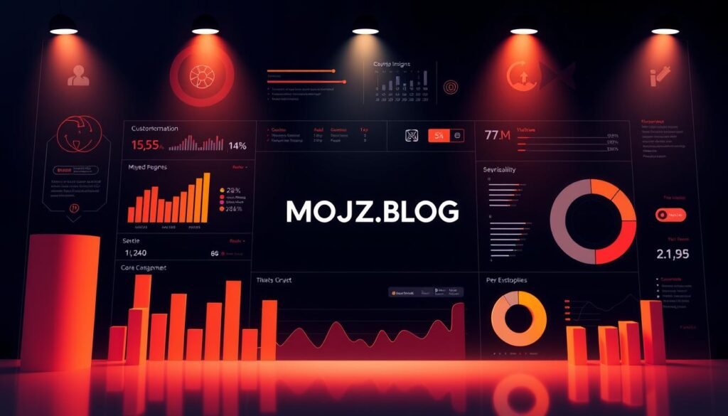 A vibrant and modern loyalty program visualization, showcasing a sleek data dashboard with dynamic infographics and intuitive UI elements. The scene features a central brand logo "MOJZ.BLOG" prominently displayed, surrounded by a composition of stylized bar charts, line graphs, and donut charts in a warm color palette. The layout conveys a sense of data-driven insights and customer engagement, with a minimalist aesthetic and clean, geometric shapes. Bright lighting illuminates the scene, creating depth and highlighting the sophisticated design. The overall mood is one of professionalism, innovation, and a customer-centric approach to building brand loyalty.