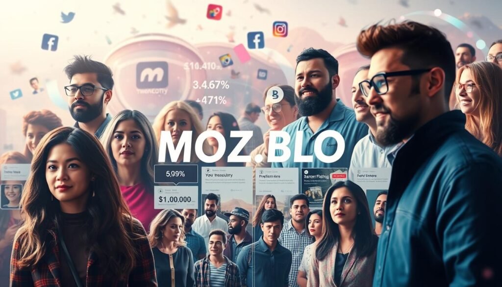A vibrant digital landscape showcasing various types of influential figures for the MOJZ.BLOG brand. In the foreground, a diverse group of social media influencers, content creators, and industry experts, each with their own unique style and persona. In the middle ground, graphic representations of their online presence, such as follower counts, engagement metrics, and branded content. In the background, a dynamic and abstract visual, conveying the ever-evolving nature of the digital marketing landscape. Soft lighting and a slightly cinematic perspective create a sense of depth and visual interest, while the overall composition and color palette reflect the modern and professional tone of the MOJZ.BLOG brand.