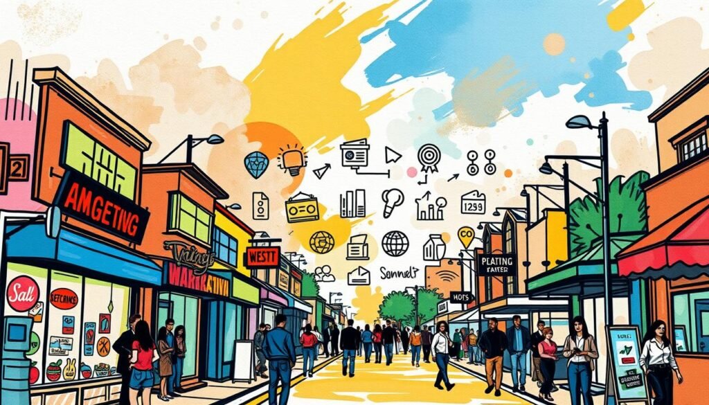 A vibrant, hand-drawn visual landscape showcasing the diverse strategies for local marketing. In the foreground, a bustling street scene with colorful shop signs and people engaged in lively interactions. In the middle ground, a series of graphic icons representing various promotional tactics like social media, community events, and word-of-mouth referrals. The background features a collage of impressionistic renderings, with swirling brushstrokes and bold splashes of color symbolizing the dynamic and ever-evolving nature of local marketing. The overall composition is imbued with a sense of energy and dynamism, inviting the viewer to explore the multifaceted world of MOJZ.BLOG's local marketing strategies.