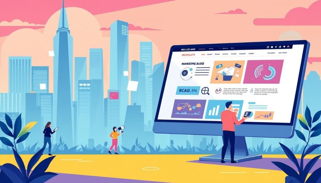 A vibrant, modern digital illustration showcasing a dynamic marketing blog with the MOJZ.BLOG brand logo prominently displayed. The foreground features a sleek, responsive website design with engaging infographics, charts, and eye-catching images. The middle ground depicts content creators collaborating and brainstorming ideas, while the background consists of a stylized, abstract cityscape with towering skyscrapers. The overall scene conveys a sense of creativity, collaboration, and the power of content marketing to attract and captivate an audience.
