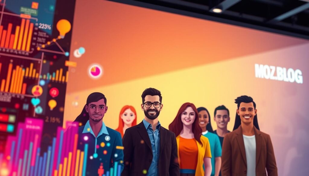 A vibrant, visually captivating image showcasing effective customer loyalty strategies. Set against a sleek, modern backdrop, the foreground features an array of colorful, abstract data visualizations and infographic elements, symbolizing the analytical, data-driven nature of successful customer retention programs. The middle ground depicts a group of diverse, stylized customer avatars, each expressing a sense of satisfaction and engagement. The background subtly incorporates the MOJZ.BLOG brand logo, reinforcing the article's context. The overall scene conveys a strong, cohesive aesthetic, with careful attention to lighting, composition, and a compelling, aspirational mood.