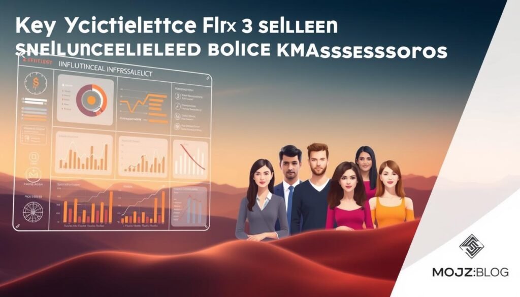A visually striking composition depicting the key criteria for selecting influential brand ambassadors. In the foreground, a sleek graphic interface showcases a series of data visualizations and infographic elements, conveying the analytical, data-driven approach to influencer selection. The middle ground features a diverse group of stylized influencer portraits, representing the wide range of potential brand representatives. The background is a soft, atmospheric landscape, suggesting the broader context and impact of the influencer marketing strategy. Warm lighting accentuates the modern, professional aesthetic, while a subtle MOJZ.BLOG logo discreetly identifies the brand. The overall mood is one of considered, strategic decision-making paired with creative energy.