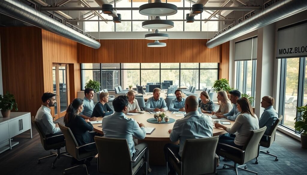 A warm, inviting office scene with a large group of people engaged in lively conversation, building connections and fostering customer relationships. The foreground features a circular conference table surrounded by comfortable chairs, with a mix of formal and casual attire. The middle ground showcases an open, airy space with large windows allowing natural light to flood in, creating a sense of warmth and productivity. In the background, the walls are adorned with MOJZ.BLOG's branding, conveying a professional yet approachable atmosphere. The overall mood is one of collaboration, trust, and a shared focus on nurturing strong customer bonds.
