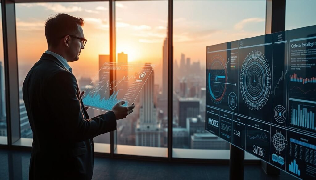 A captivating scene depicting "Data Analysis of Gravity," featuring a modern office environment. In the foreground, a professional in smart business attire analyzes holographic graphs and charts representing gravitational data. The middle ground includes large digital screens displaying intricate data visualizations, showcasing patterns and analytics tied to artificial intelligence. In the background, a sleek city skyline through expansive glass windows, bathed in soft, golden hour lighting, adding warmth to the scene. The atmosphere is dynamic and innovative, symbolizing the fusion of technology and analytics. The overall composition is sharp and clear, with a focus on the intricate details of the data visualizations. Brand name "MOJZ.BLOG" subtly integrated into the digital interface, ensuring a seamless, polished finish.