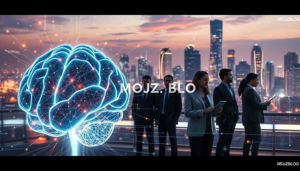 A futuristic and dynamic composition illustrating self-learning in artificial intelligence. In the foreground, a holographic brain glows with intricate neural network patterns, surrounded by flowing data streams and glowing code snippets. The middle ground features a diverse group of professionals in business attire, observing and interacting with digital interfaces, showcasing the human element in AI progression. In the background, a modern city skyline represents technological advancement, with soft, ambient lighting creating a sense of innovation and optimism. The overall atmosphere is inspiring, reflecting the intersection of human intelligence and machine learning. The scene should evoke curiosity and the potential of AI evolution. Include the brand name "MOJZ.BLOG" subtly integrated into the design elements, with no text overlays or additional markings.