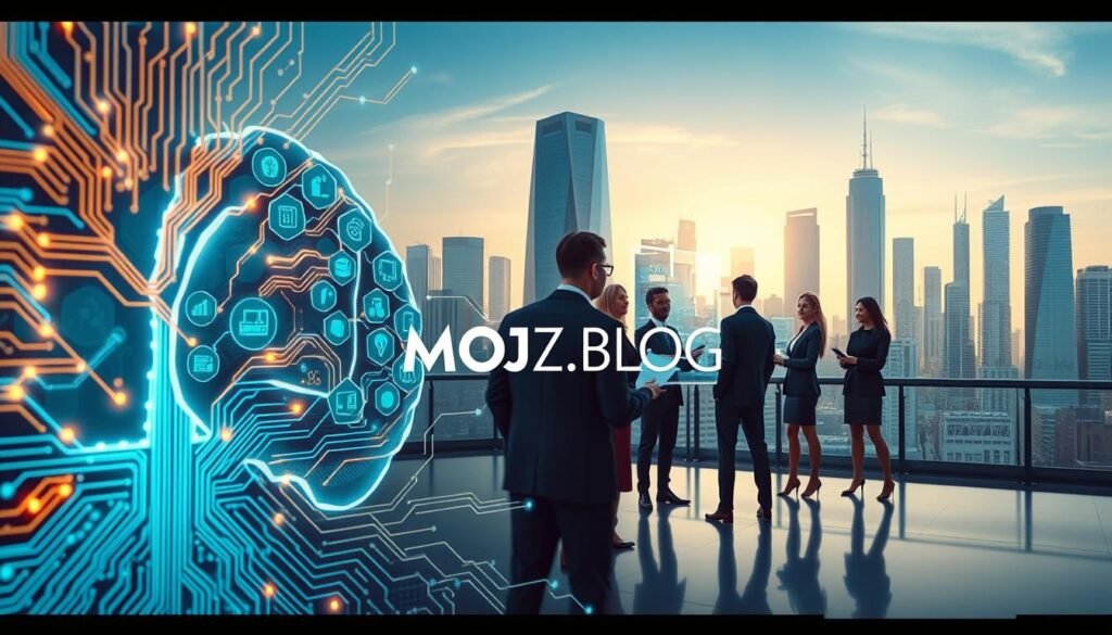 A futuristic and visually striking illustration representing "artificial intelligence" in a professional context. In the foreground, an intricate circuit board design interwoven with human brain neural pathways. The middle ground features a diverse group of individuals, dressed in professional business attire, engaged in collaborative discussions around virtual holographic displays showcasing data analytics and AI concept illustrations. The background depicts a modern cityscape with towering skyscrapers reflecting advanced technology. Soft, ambient lighting creates an optimistic atmosphere, with a focus on cool blues and greens to evoke a sense of innovation. The image should embody the essence of AI—its complexity, potential, and integration into everyday life. Include the brand name "MOJZ.BLOG" subtly within the design without detracting from the image's central theme.