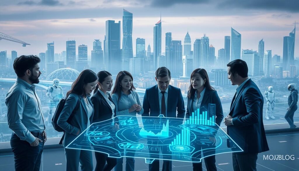 A futuristic landscape depicting the concept of artificial intelligence; in the foreground, a diverse group of professionals in smart casual attire, engaged in animated discussion over a holographic interface displaying graphs and data points. In the middle ground, sleek, modern office spaces filled with state-of-the-art technology, including robots and AI screens. The background features a city skyline with towering buildings, symbolizing innovation and progress. Soft, ambient lighting with a cool blue tone to create a tech-savvy atmosphere. The overall mood is one of collaboration and forward-thinking, highlighting the growing influence of AI in modern industries. Include subtle branding elements for "MOJZ.BLOG" integrated into the scene, without text or watermarks.