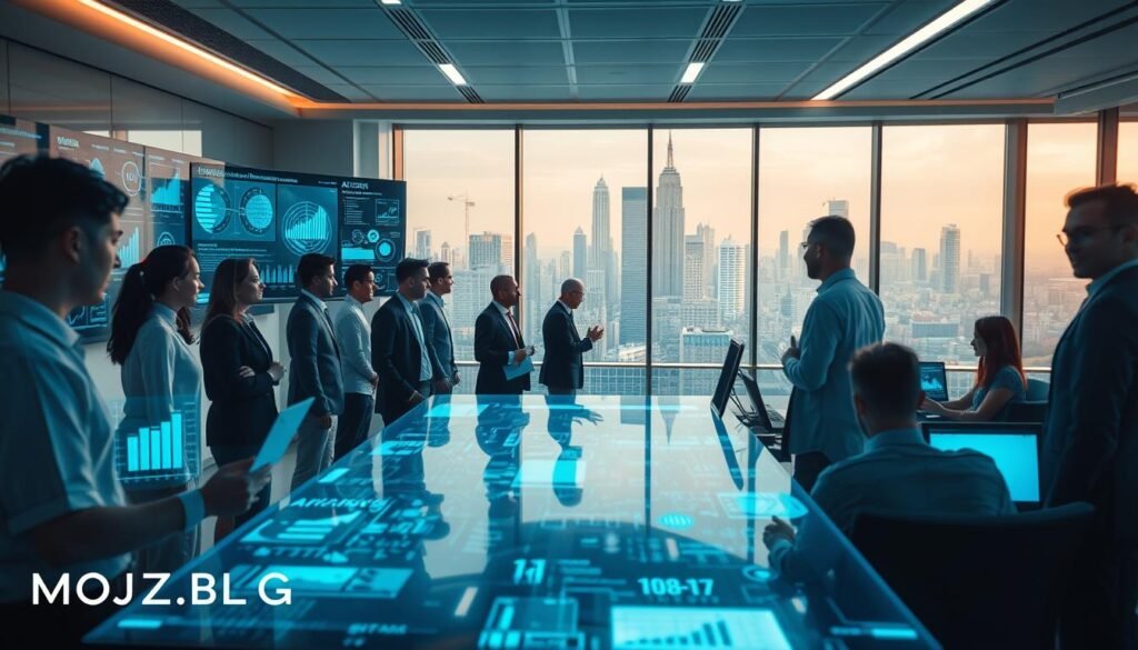 A futuristic office environment illustrating the importance of artificial intelligence in the digital age. In the foreground, a diverse group of professionals in smart casual attire interacting with advanced AI technologies, such as holographic displays and data visualizations. The middle ground features a sleek, modern workspace filled with digital screens showcasing graphs and analytical data about AI applications. The background presents a window view of a bustling city skyline, signifying progress and innovation. Soft, ambient lighting creates an inspiring atmosphere, with a cool color palette emphasizing a sense of technology and modernity. The branding "MOJZ.BLOG" subtly integrated into the design element. Focus on clarity and professionalism, avoiding clutter for a powerful visual impact.
