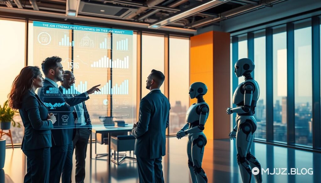 A futuristic office environment showcasing the impact of artificial intelligence on the job market. In the foreground, a diverse group of professionals dressed in business attire is engaged in a discussion, with one pointing at a holographic display of data charts and graphs illustrating job trends and automation statistics. In the middle ground, robotic assistants are helping with tasks, symbolizing the integration of AI into workflows. The background features a large window overlooking a city skyline, with soft natural light flooding the space, creating a hopeful yet contemplative atmosphere. Use vibrant colors to convey innovation, with an emphasis on technology and collaboration. The brand name "MOJZ.BLOG" subtly integrated into the scene, without any text overlays.