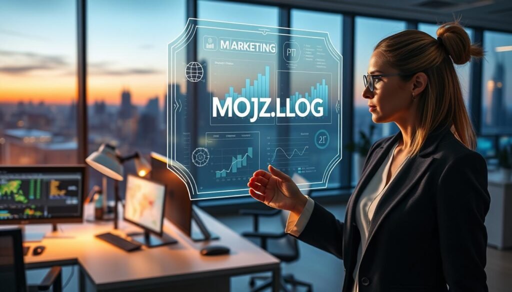 A futuristic office scene showcasing "Smart Marketing with Artificial Intelligence." In the foreground, a professional businesswoman in a smart blazer, interacting with a holographic interface displaying detailed charts and graphs, embodying advanced marketing analytics. The middle layer features a modern workspace with sleek desks, computer screens filled with marketing data, and AI-powered tools. In the background, a large window reveals a city skyline, illuminated by twilight, creating an inspiring atmosphere. Utilize soft but focused lighting to emphasize the hologram and create depth. The overall mood should convey innovation and efficiency. Include a subtle reference to the brand "MOJZ.BLOG" within the holographic display, seamlessly integrated into the visuals.