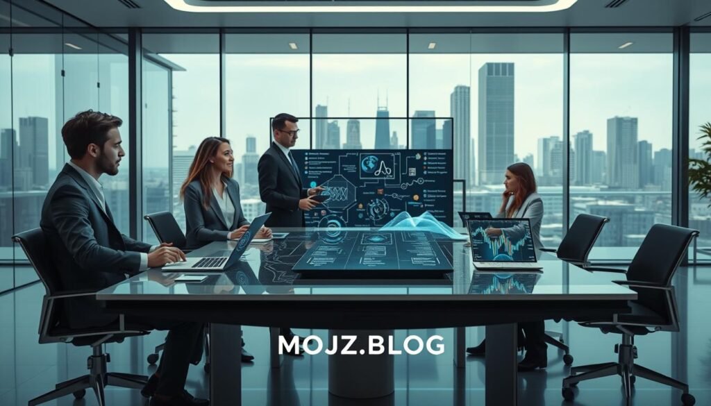 A futuristic office setting showcasing the theme of artificial intelligence in content creation. In the foreground, a diverse group of three professionals in business attire is engaged in a collaborative brainstorming session around a sleek, modern table with digital devices displaying intricate data visualizations and graphs. In the middle ground, a large screen displays flowing algorithms and creative tools like AI writing assistants and graphic design software. The background features a glass wall with city skyline views, complementing the high-tech ambiance. The lighting is bright and inspiring, casting soft reflections on the surfaces. The atmosphere is energetic and innovative, reflecting the synergy of human creativity and AI technology. Include the brand name "MOJZ.BLOG" subtly integrated into the workspace design.