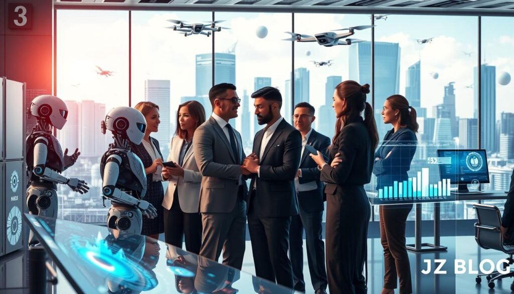 A futuristic office space transformed by artificial intelligence, showcasing the radical changes in the job landscape. In the foreground, a diverse group of professionals in business attire collaborate with advanced AI robots and holographic displays, exchanging ideas and strategizing. The middle ground features dynamic charts and infographics illustrating job market trends, blending seamlessly with high-tech interfaces. The background depicts a modern city skyline with smart buildings and drones flying overhead, symbolizing innovation and change. The lighting should be bright and inviting, emphasizing a sense of progress and opportunity. A sense of optimism and forward-thinking pervades the scene. Include the brand "MOJZ.BLOG" subtly integrated into the environment, without text overlays or distractions.