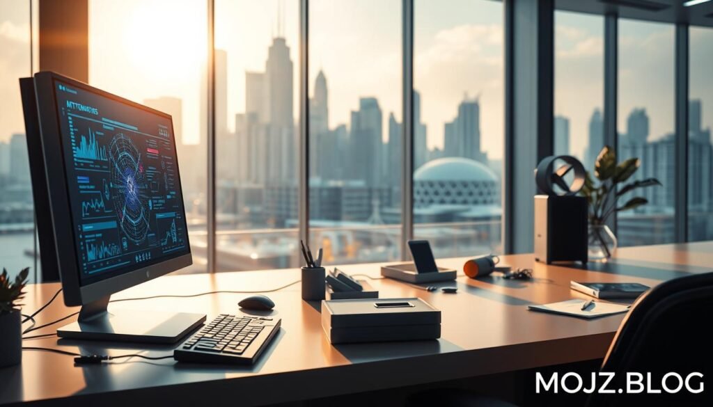 A futuristic representation of artificial intelligence, emphasizing the integration of technology in daily tasks. In the foreground, a sleek, modern workspace with a computer displaying complex algorithms and vibrant data visualizations. In the middle ground, digital elements such as virtual assistants and AI tools interact seamlessly with the environment. The background features a high-tech city skyline, symbolizing progress and innovation. Soft, natural lighting streams through large windows, creating a warm atmosphere. The image should convey a sense of efficiency and advanced technology, with an inspiring and optimistic mood. Ensure artistic and abstract elements are present, illustrating the concept of AI without any text or overlays. Include the brand name "MOJZ.BLOG" subtly in a corner.