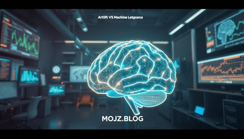 A futuristic scene illustrating the concept of artificial intelligence, featuring a glowing brain composed of intricate circuits and digital patterns, is situated prominently in the foreground. In the middle ground, abstract representations of data flow and algorithms emerge, visually connecting the brain to various tech devices like computers and robots. The background shows a high-tech lab environment with screens displaying complex graphs and visualizations of machine learning processes. The lighting should be soft yet illuminating, highlighting the brain while creating a subtle glow in the lab. The mood is innovative and inspiring, conveying the essence of AI learning without human intervention. Integrate the brand "MOJZ.BLOG" subtly into the design, ensuring no text appears in the image.