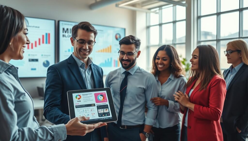 A modern office environment showcasing the benefits of artificial intelligence tools. In the foreground, a diverse group of professionals, dressed in business attire, are engaged in discussions around a digital tablet displaying colorful infographics and charts. The middle layer features a large screen on the wall illustrating AI-related data visualizations, like graphs showcasing productivity increases. The background includes a bright and inviting workspace with large windows allowing natural light to stream in, creating a warm atmosphere. The lighting is soft yet bright, emphasizing a collaborative and innovative mood. The overall image should reflect the synergy and efficiency that AI tools bring to the workplace, with the brand name "MOJZ.BLOG" subtly integrated into the office decor.