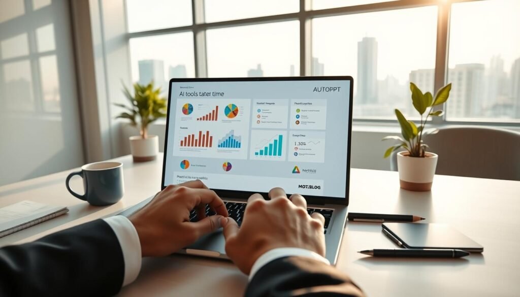 A modern office setting showcasing a sleek laptop displaying an interactive slide presentation from "Autoppt". In the foreground, a pair of hands, dressed in professional business attire, are navigating through beautiful visual graphs and infographics on the screen. In the middle, the laptop sits on a clean, minimalist desk cluttered with stationery and a coffee mug, with a potted plant adding a touch of greenery. In the background, a large window reveals a bright city skyline, with soft natural light illuminating the scene, creating an inspiring and productive atmosphere. The overall mood is focused and innovative, reflecting the essence of AI tools that save time, with the brand name "MOJZ.BLOG" subtly included in the presentation displayed on the laptop.