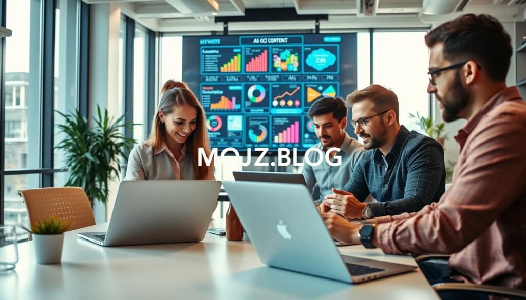 A modern office setting with professionals engaged in a collaborative environment, focusing on AI content development. In the foreground, a diverse group of three individuals—a woman and two men—are analyzing vibrant data graphs on sleek laptops, showcasing a blend of traditional and digital content strategies. The middle ground features a large digital screen displaying colorful infographics related to AI and content creation. In the background, large windows let in soft, natural light, creating a bright and inspiring atmosphere. The mood is innovative and focused, conveying the transformative power of AI in enhancing content quality. The composition embodies a clean, contemporary aesthetic, emphasizing the brand "MOJZ.BLOG" subtly within the environment.