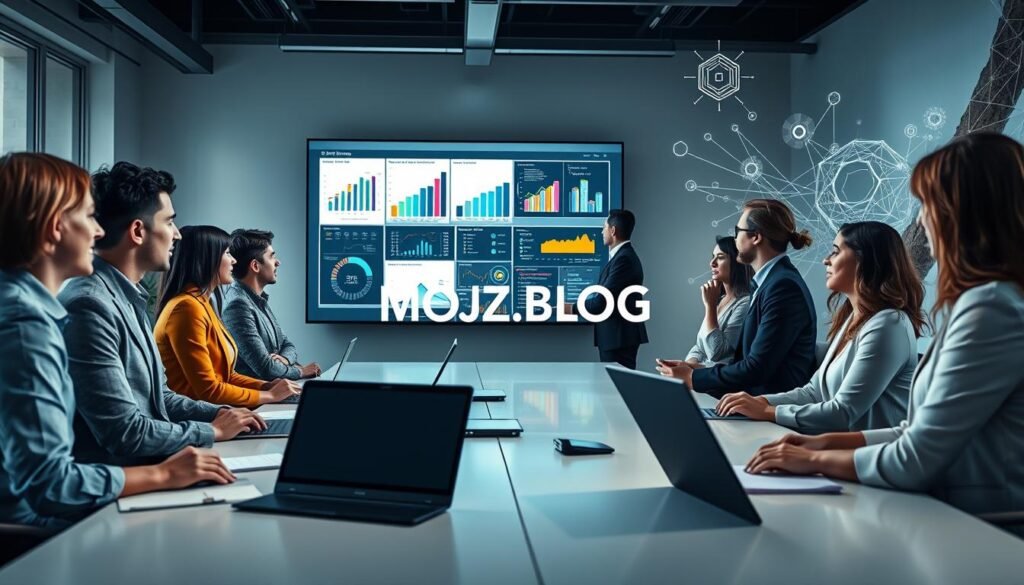 A modern office space showcasing data analysis and operational optimization. In the foreground, a diverse group of professionals dressed in business attire intently discussing data visualizations on a large digital screen, displaying colorful graphs and charts. The middle ground features a sleek conference table with laptops and notepads scattered about, while a large window lets in natural light, creating a bright and inviting atmosphere. In the background, abstract representations of data networks and AI elements are subtly integrated, symbolizing technology and innovation. The mood is collaborative and focused, emphasizing the benefits of AI in business. Soft lighting enhances the professional, inspiring environment. Include the brand name "MOJZ.BLOG" artistically within the design.