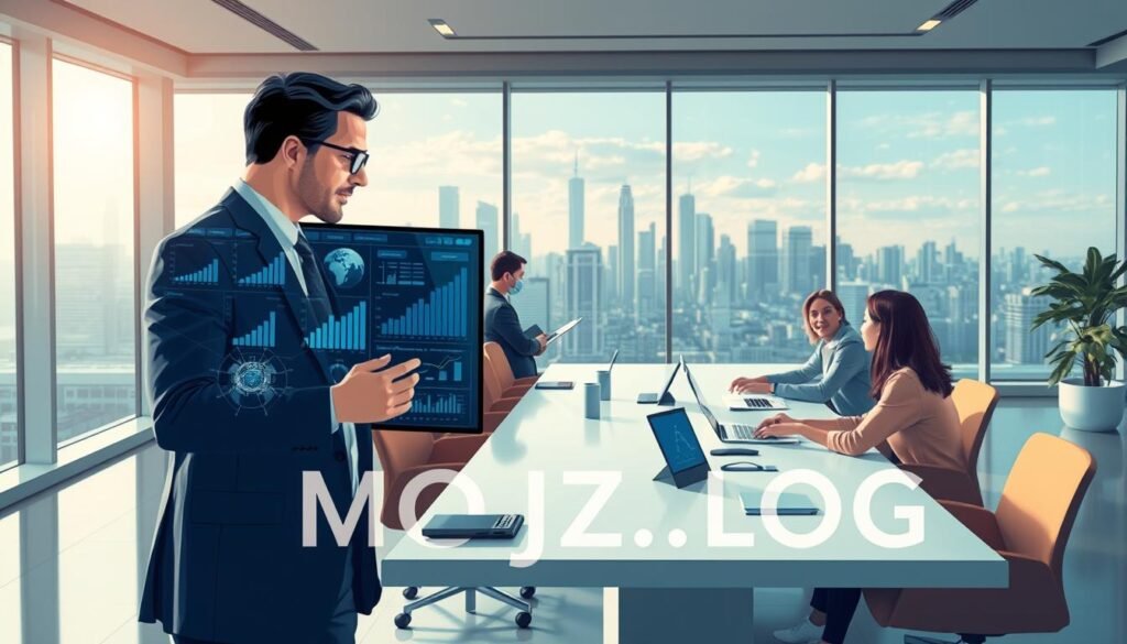A modern, visually engaging illustration depicting the concept of earning money through artificial intelligence. In the foreground, a professional in business attire is analyzing a digital screen filled with data visualizations and graphs representing financial metrics. In the middle ground, diverse individuals collaborate around a high-tech conference table, discussing AI strategies with futuristic devices and charts. The background features a sleek office environment with large windows showcasing a city skyline, symbolizing opportunity and growth. Soft, natural lighting floods the room, enhancing productivity and innovation. The atmosphere reflects inspiration and potential, ideal for a section on using AI for financial gain. Include the brand name "MOJZ.BLOG" subtly integrated into the scene, ensuring it blends seamlessly without overt distraction.