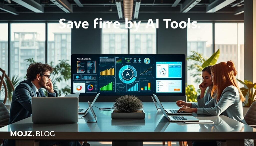 A modern workspace illustrating the concept of saving time with free AI tools. In the foreground, a diverse group of professionals (man and woman) in business attire, engaged in discussions around a sleek table with laptops and tablets displaying colorful graphs and AI tool interfaces. The middle layer features a vibrant digital screen showcasing various AI applications and analytics, casting a soft glow on their focused faces. In the background, a bright office environment with large windows, natural light streaming in, and plants adding a touch of greenery. The overall mood is energetic and inspiring, emphasizing efficiency and innovation. The brand name "MOJZ.BLOG" subtly integrated into the scene, enhancing the theme without dominating the image.
