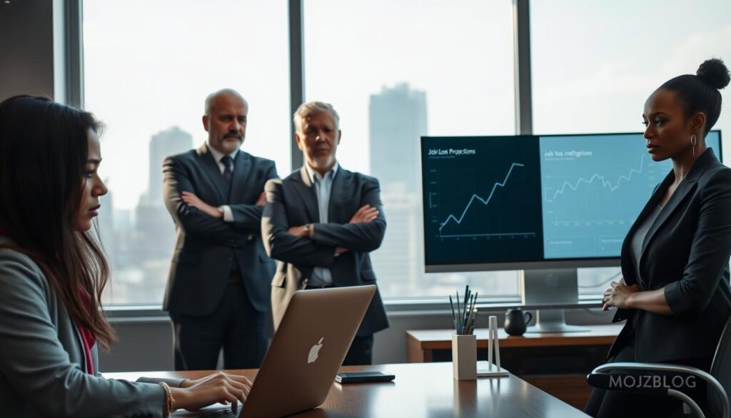A professional office environment showing three diverse individuals in business attire representing various emotions. In the foreground, a young Middle-Eastern woman gazes thoughtfully at her laptop, her brow furrowed in concern about job security amidst advancements in artificial intelligence. In the middle, an older Caucasian man stands with arms crossed, looking apprehensive, while a Black woman in a smart blazer sits at a desk, staring at an unsettling graph of job loss projections on her screen. The background features a city skyline through large windows, casting soft, natural light that emphasizes the tension in the room. The atmosphere is reflective and slightly tense, suggesting the challenges of the smart evolution in the workforce. Include subtle elements of modern technology like AI symbols or robotic hands in the décor, branded with "MOJZ.BLOG".