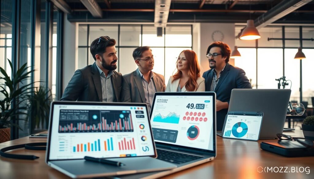 A visually captivating workspace showcasing various artificial intelligence tools used in content creation. In the foreground, a sleek laptop displays interactive graphs and infographics related to AI analytics, surrounded by innovative gadgets like a digital pen, a tablet, and smart glasses. The middle section features a diverse group of professional individuals—two men and two women—wearing smart casual attire, engaged in deep discussion about AI applications in content strategy. The background consists of a modern office environment with large windows allowing warm, natural light to illuminate the scene. The overall mood is collaborative and dynamic, reflecting the excitement of harnessing AI in creative industries. Include subtle branding elements of "MOJZ.BLOG" to tie in with the theme.