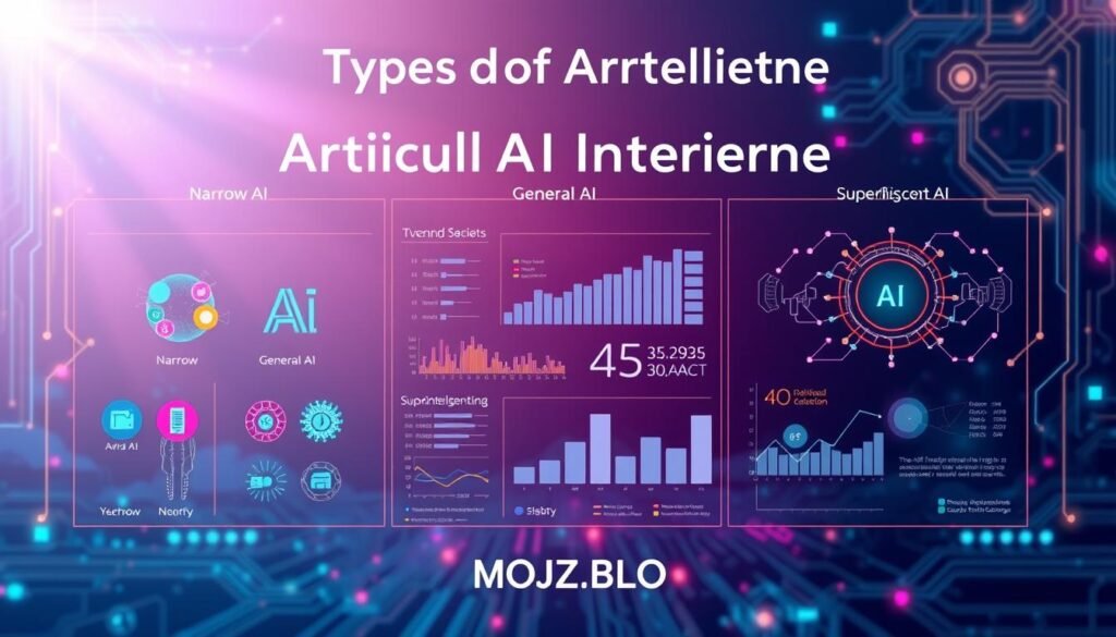 A visually engaging infographic illustrating "Types of Artificial Intelligence" for an educational article. In the foreground, display distinct categories of AI represented by vibrant icons: Narrow AI, General AI, and Superintelligent AI, each with unique visual characteristics. In the middle ground, feature stylized graphs and charts showcasing data comparisons, trends, and advancements in AI technology. The background should be a tech-inspired, gradient digital landscape, incorporating circuit patterns and abstract designs, creating a futuristic vibe. Use bright, clear lighting to enhance visibility and highlight the details. The overall mood should be informative and inspiring, inviting readers to explore the fascinating world of AI. Include the brand name "MOJZ.BLOG" subtly integrated into the design, ensuring it's professional and unobtrusive.