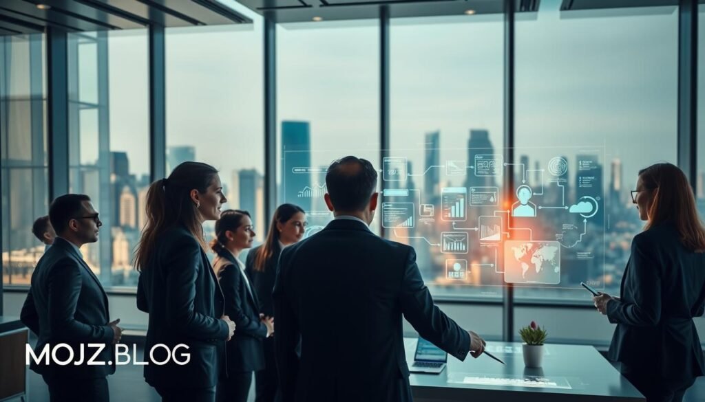 A visually striking depiction of "Administrative Task Automation". In the foreground, a diverse group of professionals in business attire is gathered around a modern digital workspace, interacting with sleek touchscreens and holographic displays. The middle layer shows an energetic atmosphere with flowcharts and infographics illustrating data processing and task management. In the background, a city skyline is visible through large glass windows, highlighting a contemporary office environment. The lighting is bright and focused, creating a dynamic and inspiring mood. Use a wide-angle perspective to capture the collaborative energy of the scene. Ensure the image is professional and conveys innovation in administrative efficiency. Include the brand name "MOJZ.BLOG" subtly integrated into a design element.
