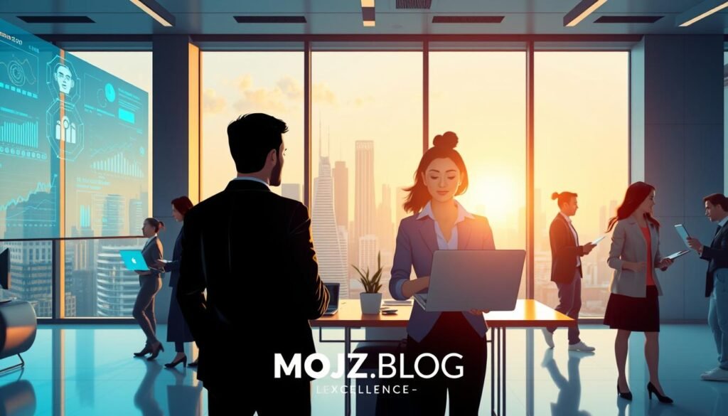 A visually striking illustration representing "The Best Ways to Earn Money with Artificial Intelligence." In the foreground, a diverse group of professionals in business attire engages with cutting-edge technology, such as laptops and digital screens displaying data analytics and AI graphs. In the middle, a modern workspace with sleek furniture and a minimalist design enhances a focused atmosphere. The background features large windows showcasing a city skyline, bathed in natural sunlight, symbolizing opportunity and innovation. The mood is optimistic and energetic, highlighting collaboration and ambition. Include subtle abstract images of AI concepts like neural networks and financial charts incorporated into the scene. Ensure the illustration reflects excellence and modernity, with warm lighting to create an inviting environment. The brand "MOJZ.BLOG" subtly integrated into the design, reinforcing the theme without overpowering the image.