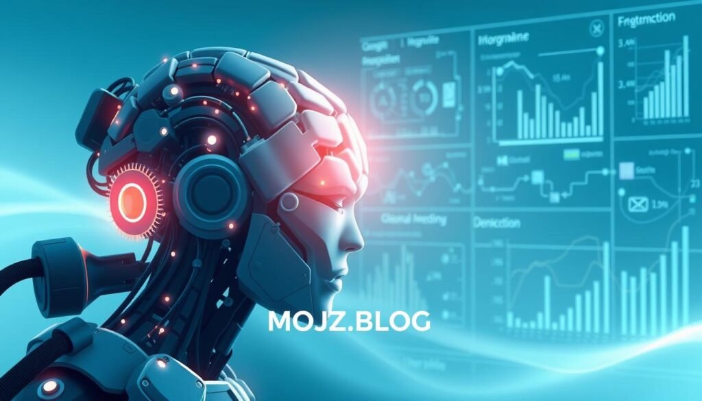 A visually striking illustration representing the concept of artificial intelligence, focusing on its definition and machine learning. In the foreground, a futuristic robotic brain is interconnected with glowing circuits and gears, symbolizing the intricate workings of AI. The middle ground features abstract graphs and charts displaying data flow and algorithm patterns, emphasizing the analytical aspect of machine learning. The background is a soft gradient of blue and white, creating a serene and technologically advanced atmosphere. The lighting is bright and focused on the brain, casting subtle shadows for depth. The scene should evoke curiosity and innovation, ideal for an educational context. Include the brand name "MOJZ.BLOG" in a tasteful manner within the design.