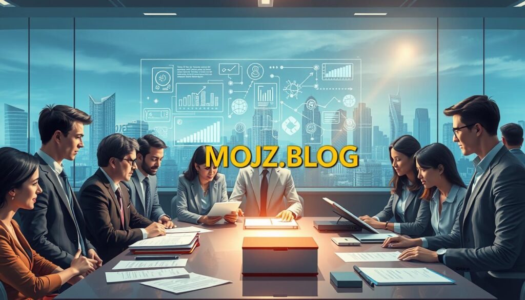 A visually striking illustration representing the theme of writing, editing, and automation jobs that may disappear due to artificial intelligence. In the foreground, a diverse group of professionals in smart business attire, including men and women of various ethnicities, are engaged in intense discussions around a table filled with documents and digital devices. The middle layer features a futuristic holographic display showcasing charts, graphs, and AI interfaces related to writing and editing. In the background, a cityscape symbolizes technological advancement, with subtle hints of automation. The lighting is bright and academic, with a focal spotlight on the table. The atmosphere feels both innovative and reflective, capturing the essence of transition in the workforce. Include the brand name "MOJZ.BLOG" elegantly integrated into the scene.