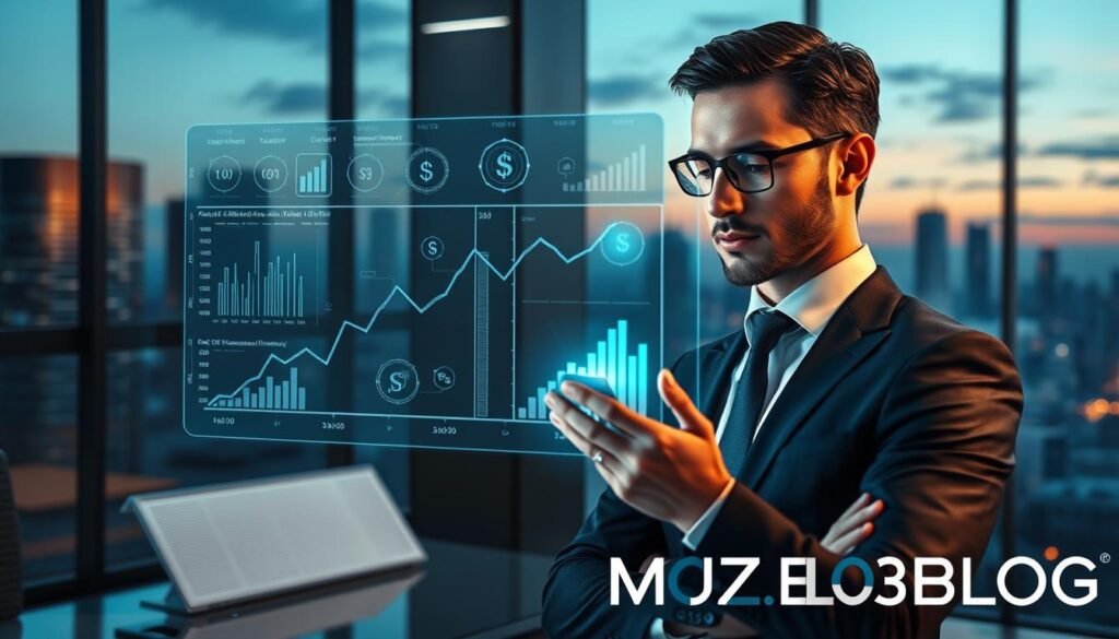 A visually striking image illustrating the importance of artificial intelligence in finance. In the foreground, a confident business professional in smart attire examines a holographic financial chart that shows various graphs and data points related to AI-driven investments. The middle layer features a sleek, modern office environment with futuristic technology and digital interfaces displaying currencies and market trends. In the background, a city skyline under a twilight sky, symbolizing progress and innovation, complements the scene. The lighting is dynamic, highlighting the subject's face and the glowing data visualization. Capture a mood of ambition and forward-thinking, integrating elements such as abstract representations of AI, like neural networks, blending seamlessly into the financial theme. Include the brand name "MOJZ.BLOG" subtly integrated into the design, ensuring no text is overly prominent.