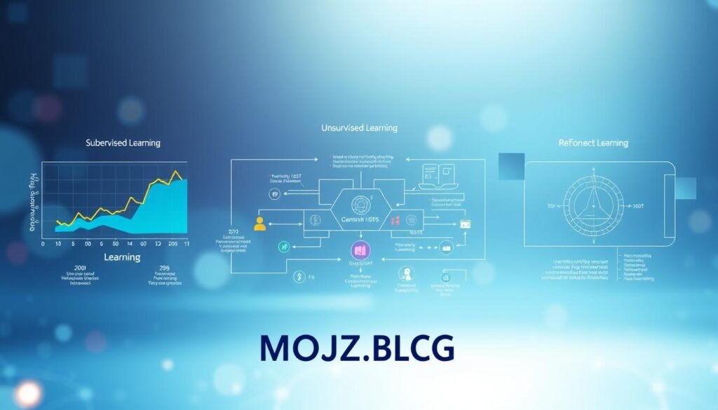 A visually striking infographic showcasing the various types of self-learning in artificial intelligence. In the foreground, include distinct graphs and icons representing key concepts such as supervised learning, unsupervised learning, and reinforcement learning, each styled with vibrant colors. The middle ground should feature a stylized flowchart illustrating the processes and connections between these learning types, using sleek lines and modern design. The background can be a soft gradient of blue and white, evoking a sense of technology and innovation. The lighting should be bright and clear, suggesting clarity and progress. The overall atmosphere is informative yet engaging, embodying a professional and cutting-edge look. The brand name "MOJZ.BLOG" should be subtly integrated into the design.