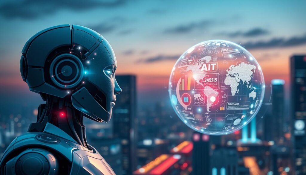 An artistic representation of "تعريف الذكاء الاصطناعي" for an educational article. In the foreground, depict a sleek, futuristic robot interacting with a glowing, holographic globe showcasing interconnected data points and symbols representing artificial intelligence concepts, such as neural networks and algorithms. In the middle, integrate a series of vibrant infographics illustrating AI applications in various fields—healthcare, finance, and technology—blending seamlessly into the robot's interaction. The background should feature a modern, tech-inspired cityscape at dusk, with soft blue and purple ambient lighting that suggests innovation and possibility. The overall mood is inspiring and thought-provoking, visually conveying the essence of artificial intelligence and its impact on the future. Include the brand name "MOJZ.BLOG" discreetly in the design without text overlays or captions. An artistic representation of "تعريف الذكاء الاصطناعي" for an educational article. In the foreground, depict a sleek, futuristic robot interacting with a glowing, holographic globe showcasing interconnected data points and symbols representing artificial intelligence concepts, such as neural networks and algorithms. In the middle, integrate a series of vibrant infographics illustrating AI applications in various fields—healthcare, finance, and technology—blending seamlessly into the robot's interaction. The background should feature a modern, tech-inspired cityscape at dusk, with soft blue and purple ambient lighting that suggests innovation and possibility. The overall mood is inspiring and thought-provoking, visually conveying the essence of artificial intelligence and its impact on the future. Include the brand name "MOJZ.BLOG" discreetly in the design without text overlays or captions.