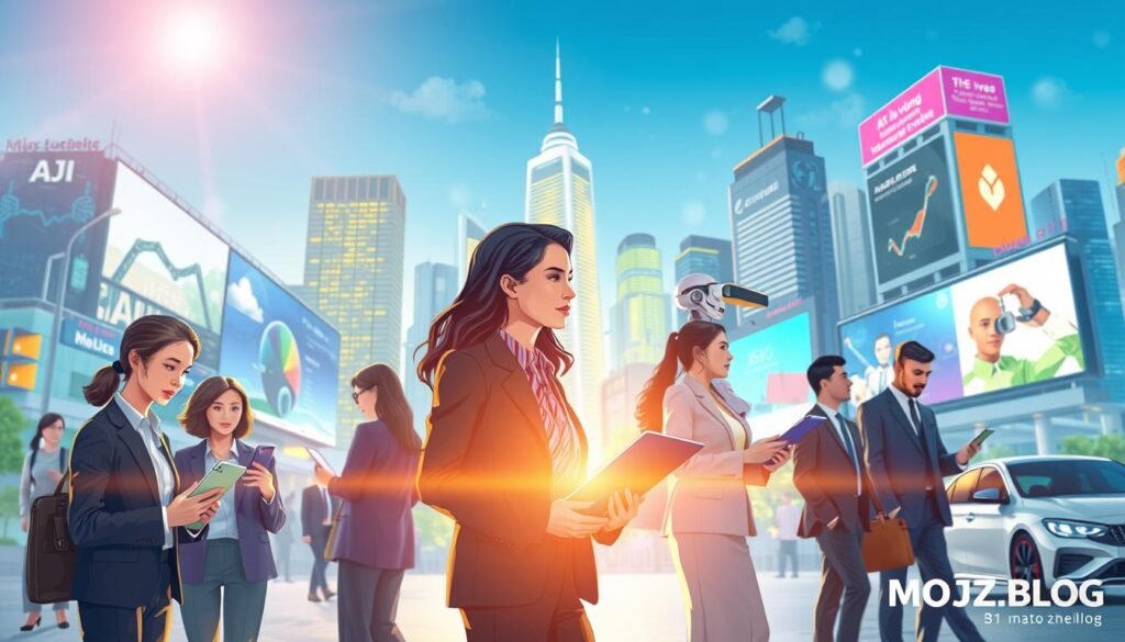 An engaging illustration showing "Applications of Artificial Intelligence in Daily Life." In the foreground, depict a diverse group of professionals in business attire engaged with various AI technologies, such as using smart assistants, navigating augmented reality interfaces, and analyzing data on tablets. In the middle, showcase a modern urban environment featuring AI-integrated devices, like smart homes, robotic assistants, and autonomous vehicles. In the background, include a vibrant city skyline with digital billboards displaying AI-driven services. The lighting should be bright and optimistic, with a slight lens flare effect to create a sense of innovation. The image should evoke a mood of excitement and progress towards a future enhanced by artificial intelligence. No text or logos other than "MOJZ.BLOG" subtly integrated into the scene.