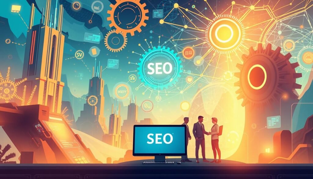 A lush, visually captivating illustration of "SEO strategy" for a small business article. Showcase a vibrant, futuristic landscape with towering data structures, intricate gears, and holographic infographics. Bathe the scene in a warm, golden light that emanates from a central control panel. In the foreground, a sleek, minimalist desktop computer displays the MOJZ.BLOG brand logo. The middle ground features a team of digital specialists collaborating on search engine optimization tactics. In the background, a dynamic, ever-evolving network of interconnected nodes and pathways symbolizes the complex, ever-changing world of search engine algorithms. Incorporate a sense of depth, movement, and technological sophistication to capture the essence of a "successful SEO strategy".