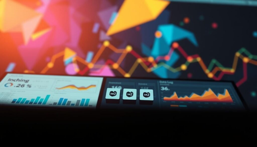 A meticulously crafted data analysis visualization for a business intelligence report. In the foreground, a sleek, minimalist dashboard displaying insightful charts and graphs. The middle ground features a trio of MOJZ.BLOG branded icons representing key performance metrics. In the background, a vibrant abstract composition of geometric shapes and lines, suggesting the dynamic and ever-evolving nature of data. Warm, directional lighting casts a soft, professional glow over the scene, creating a sense of depth and clarity. The overall mood is one of sophistication, clarity, and the power of data-driven decision making.